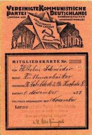 Mitgliedskarte der Vereinigten Kommunistischen Partei Deutschlands (VKPD)