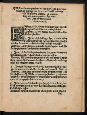 Alhie werden verzeychnet die Artickel/ so Bischoff von Bamberg gefragt hatt die zween Bröbst und den Prior Augustiner Ordens/ zu Nüremberg/ als sie von im citiert seyn worden/ Und der Bröbst und Priors antwort.