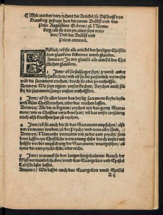 Alhie werden verzeychnet die Artickel/ so Bischoff von Bamberg gefragt hatt die zween Bröbst und den Prior Augustiner Ordens/ zu Nüremberg/ als sie von im citiert seyn worden/ Und der Bröbst und Priors antwort.
