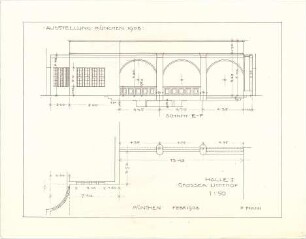 Pfann, Paul; München - Theresienhöhe; Ausstellung München 1908 - Halle I., Großer Lichthof (Teilgrundriss); Wand (Schnitt)