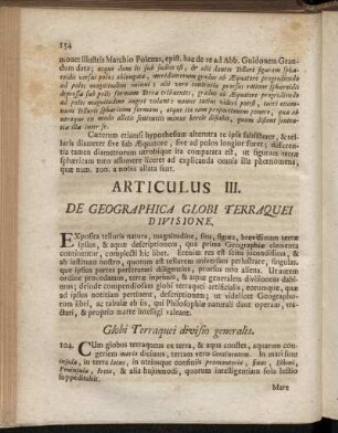 Articulus III. De Geographica Globi Terraquei Divisione.