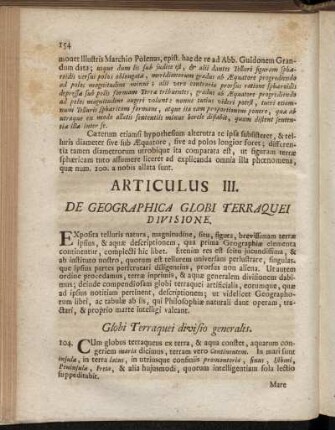 Articulus III. De Geographica Globi Terraquei Divisione.