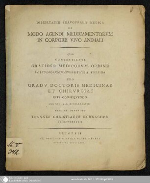 Dissertatio Inavgvralis Medica De Modo Agendi Medicamentorvm In Corpore Vivo Animali