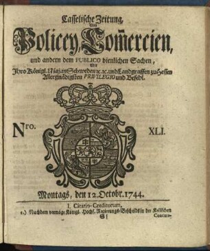Nro. XLI, Montags, den 12. Octobr. 1744