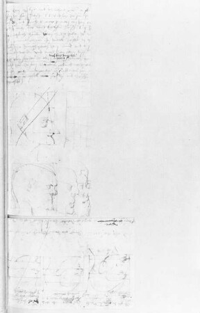 Zwei dazugeheftete Skizzenblätter mit männlichen Kopfstudien im Profil und Textblock : 172v : Zwei dazugeheftete Skizzenblätter (ca. 8,4 x 12,2 cm & ca. 19,8 x 8,5 cm) mit männlichen Kopfstudien im Profil und Textblock
