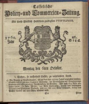 41. Stueck, Montag den 6ten October 1760