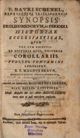 P. Mauri Schenkl ... Synopsis prolegomenorum ac periodi I. historiae ecclesiasticae