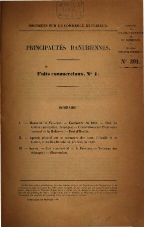Annales du commerce extérieur. Principautés danubiennes. Faits commerciaux. 1/17. 1847/74