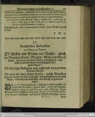 LV. [Rechtliches Bedencken, In Materia Banni]