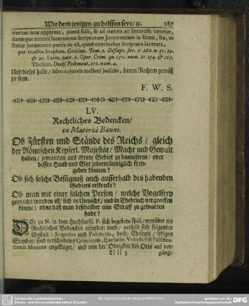 LV. [Rechtliches Bedencken, In Materia Banni]