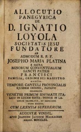 Allocutio Panegyrica De D. Ignatio Loyola Societatis Jesu Fundatore