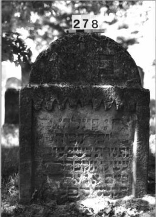 Grabstein 278 (Index: 100085108) Maße HxBxT: 105x78x14 cm Beschreibung: Stele, eingezogener Rundbogenabschluß, Zahnfries, Schriftfeld eingetieft: Grabstein 278