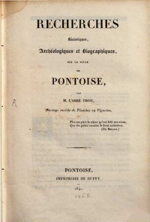 Recherches historiques, archéologiques et biographiques sur la ville de Pontoise
