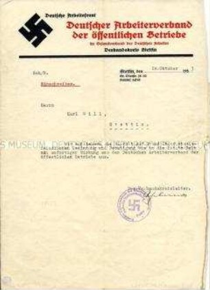 Schreiben des Deutschen Arbeiterverbandes der öffentlichen Betriebe mit der Mitteilung des Ausschlusses eines Mitgliedes wegen "staatsfeindlicher Gesinnung"