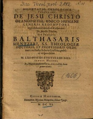 Disputatio Theologica Posterior: De Jesu Christo Theanthrōpō, Unico Humani Generis Redemptore