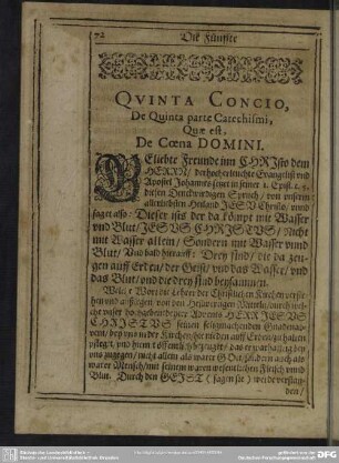 Quinta Concio, De Quinta parte Catechismi, Quae est, De Coena Domini
