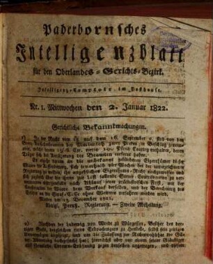 Paderbornsches Intelligenzblatt : für den Appellationsgerichts-Bezirk. 1822