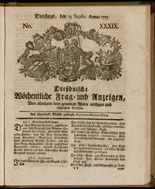 Dienstags, den 23. Septbr. Anno 1777. No. XXXIX. - Dienstags, den 11. Novbr. Anno 1777. No. XLVI.