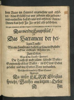 Das vierdte Hauptstück/ Ist Das Sacrament der heiligen Tauffe ...