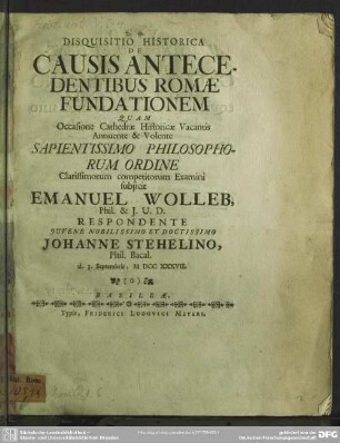 Disquisitio Historica De Causis Antecedentibus Romae Fundationem
