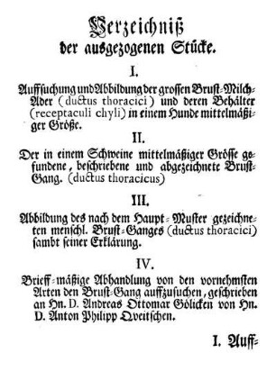 Verzeichniß der ausgezogenen Stücke.