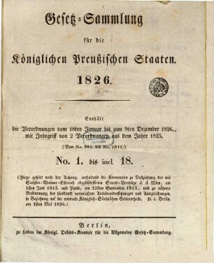 Gesetzsammlung für die Königlich-Preußischen Staaten : enthält die Verordnungen vom ... 1826
