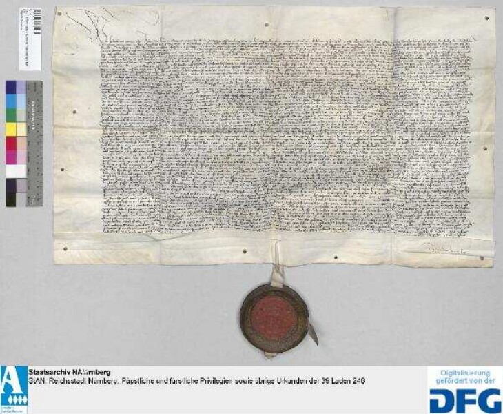 Der römische König Friedrich III. verschiebt die Entscheidung des Streits zwischen Markgraf Albrecht von Brandenburg einerseits und der Stadt Nürnberg andererseits wegen Rückgabe der Schlösser Lichtenau, Bruckberg, Uehlfeld und Lonnerstadt an die Stadt auf die namens des Markgrafen durch Peter Knorr, Propst zu Wetzlar, Hanns von Seckendorff genannt Abendar, Michael Jacobi, Dechant, und Wenzel Reynman, Chorherrn zu Ansbach, vorgebrachte Einrede, dass der Markgraf die ihm durch Heinrich Marschalkh von Pappenheim überantwortete kaiserliche Ladung um merklicher Gebrechen willen nicht für eine Ladung nach Laut der "Richtung" halte, auf den nächsten Freitag nach St. Johanns tag zur Sunnwenden. - Siegler: der Aussteller.