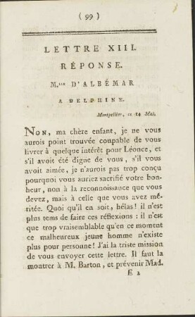Lettre XIII. Rèsponse. M.lle D'Albémar A Delphine. Montpellier, ce 14. Mai.