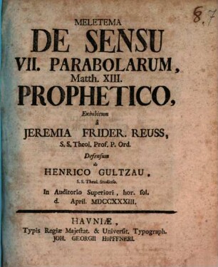 Meletema de sensu VII. parabolarum, Matth. XIII. prophetico