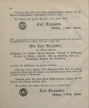 37. Gesetz, betreffend die definitive Fortdauer des provisorischen Gesetzes über die Ausgabe von Inhaberpapieren vom 4. Januar 1888