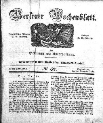 No. 52, Sonnabend, den 28. December 1839.