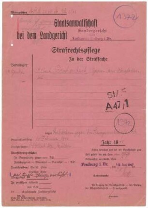 Angeklagter: Reichenbach, Albert (Bauer); Oberglottertal *23.08.1905 in Oberglottertal; + ? Delikt: Verbrechen gegen die Kriegswirtschaftsverordnung Schwarzschlachtung Tatort: Oberglottertal Tatzeit: November 1941-Januar 1942