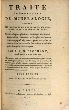 Traité elémentaire de Mineralogie : suivant les principes du professeur Werner, conseiller des mines de Saxe, 1