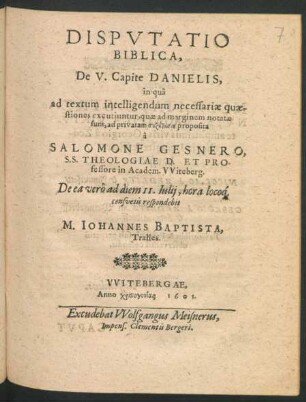 Disputatio Biblica, De V. Capite Danielis : in qua ad textum intelligendum necessariae quaestiones excutiuntur, quae ad marginem notatae sunt