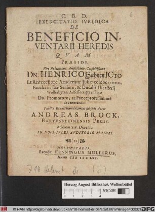 Exercitatio Iuridica De Beneficio Inventarii Heredis
