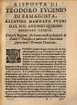 Risposta ... all'aviso mandata fuori dall'Antonio Quirino Senatore Venet.