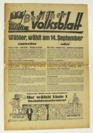Wahlzeitung der SPD "Berliner Volksblatt" zur Reichstagswahl 1930