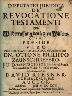 Disp. iur. de revocatione testamenti