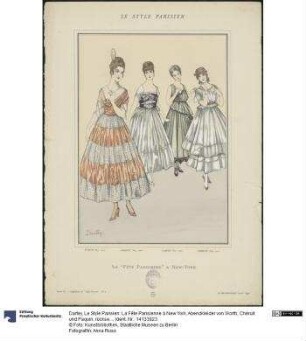Le Style Parisien: La Fête Parisienne à New York, Abendkleider von Worth, Chéruit und Paquin, rückseitig Hüte von Camille Roger und Marie-Louise