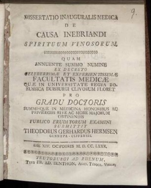 Dissertatio Inauguralis Medica De Causa Inebriandi Spirtuum Vinosorum