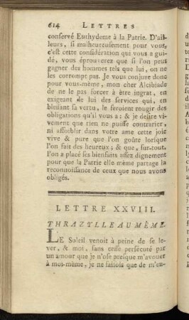 Lettre XXVIII. Thrazylle au Même. - Lettre XXIX. Alcibiade a Thrazylle.