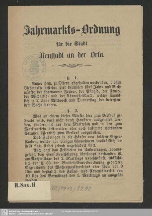Jahrmarkts-Ordnung für die Stadt Neustadt an der Orla