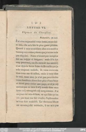 Lettre VI. Réponse du Chevalier. Richterweil, 30 mai.
