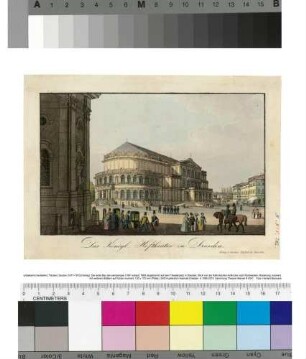 Der erste Bau der Semperoper (1841 erbaut, 1869 abgebrannt) auf dem Theaterplatz in Dresden, Blick von der Katholischen Hofkirche nach Nordwesten