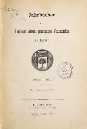 Jahrbücher der Akademie Gemeinnütziger Wissenschaften zu Erfurt. 20. 1894