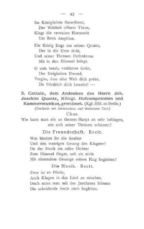 3. Cantate, dem Andenken des Herrn Joh. Joachim Quantz, Köngl. Hofcomponisten und Kammermusikus, gewidmet