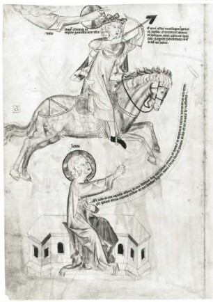 14. Abendmahl, 14 b. Mannalese : 14. Abendmahl, 14 b. Mannalese. Illustration zu "Biblia pauperum und Apokalypsis", fol. 14v. Feder, koloriert, Pergament, 48,0 x 33,0 cm. Erfurt, um 1350. Klassik Stiftung Weimar, Herzogin Anna Amalia Bibliothek Fol.max.4