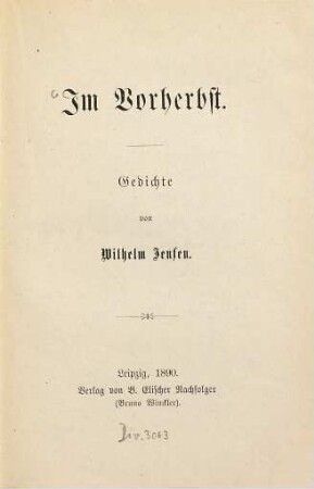 Im Vorherbst : Gedichte von Wilhelm Jensen