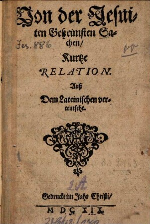Von der Jesuiten geheimsten Sachen kurtze Relation