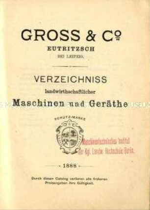 Verzeichnis landwirthschaftlicher Maschinen und Geräthe.